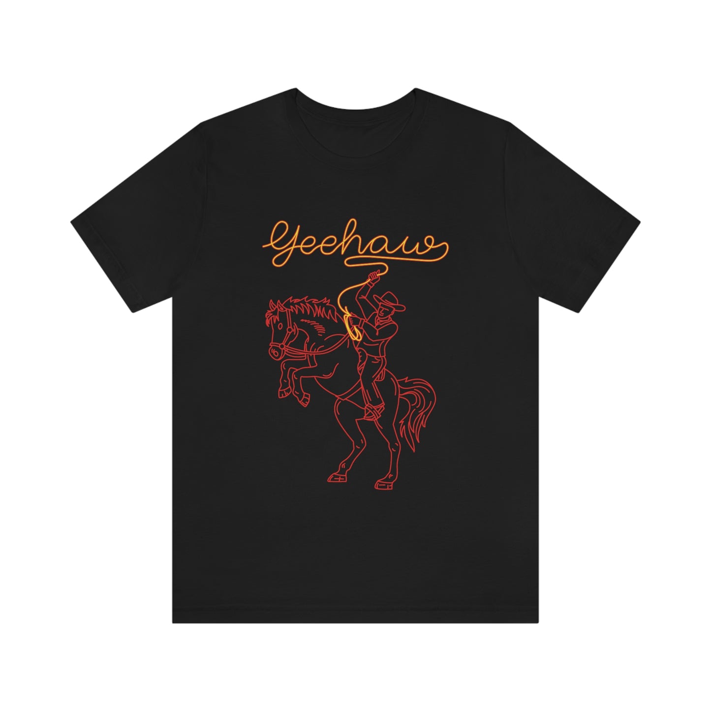 Black T-Shirt featuring a neon design of a cowboy with a lasso saying 'yeehaw' in yellow and red, from the TEQNEON Word Craft collection
