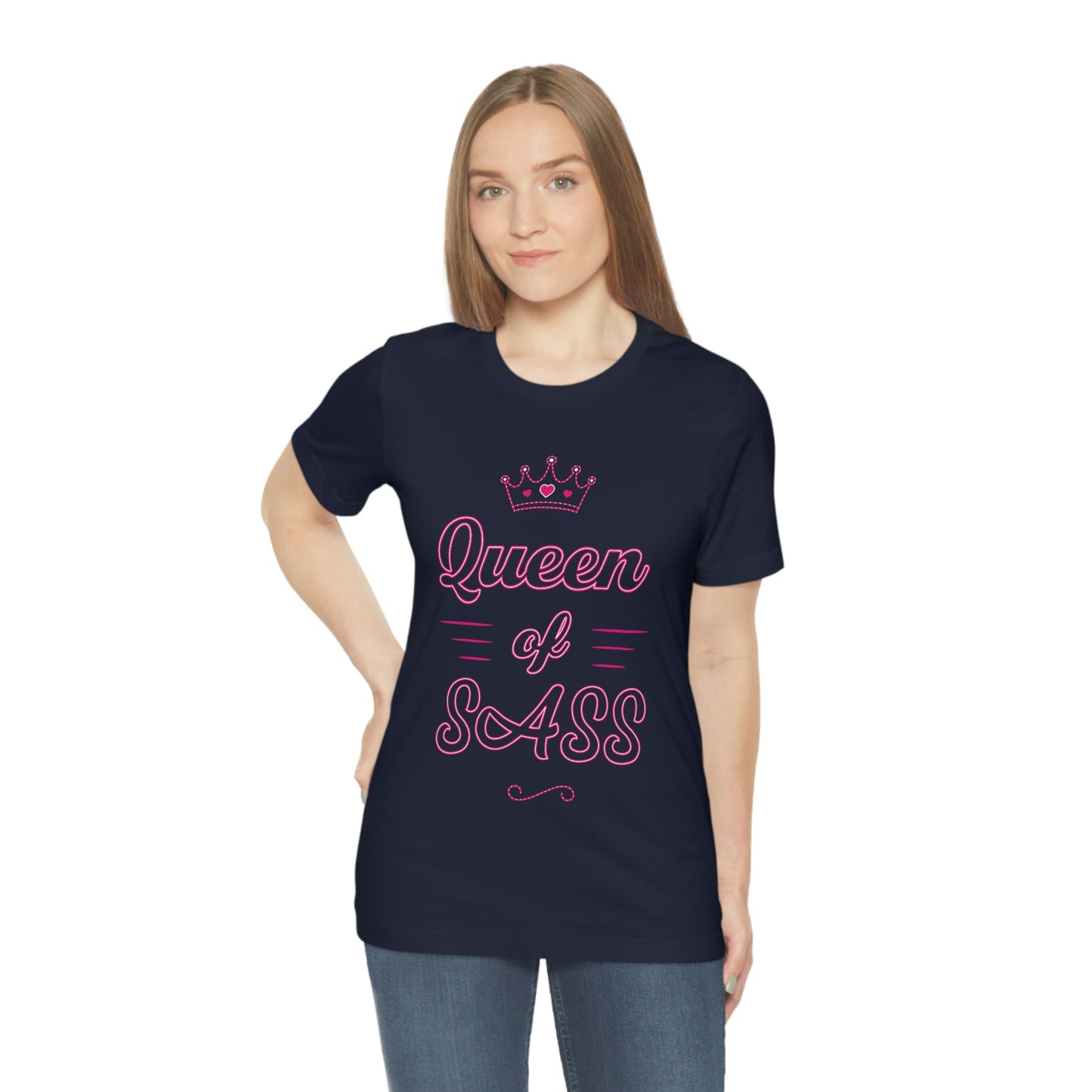 Navy T-Shirt with hot pink neon text saying 'Queen of Sass'. From the TEQNEON Word Craft collection