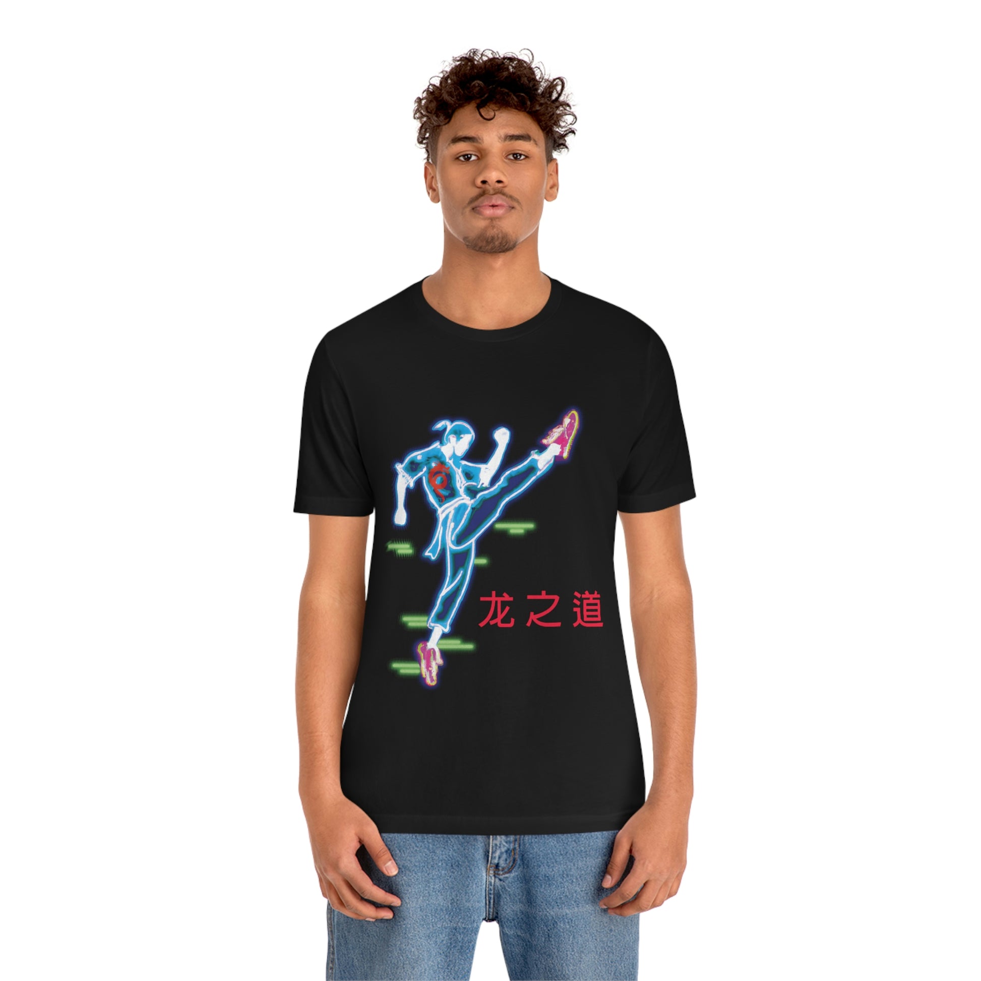 Black T-Shirt featuring a neon-esque martial arts fighter with red Cantonese text stating 'Way of the Dragon' from the TEQNEON Neolific collection, called CYBERFU