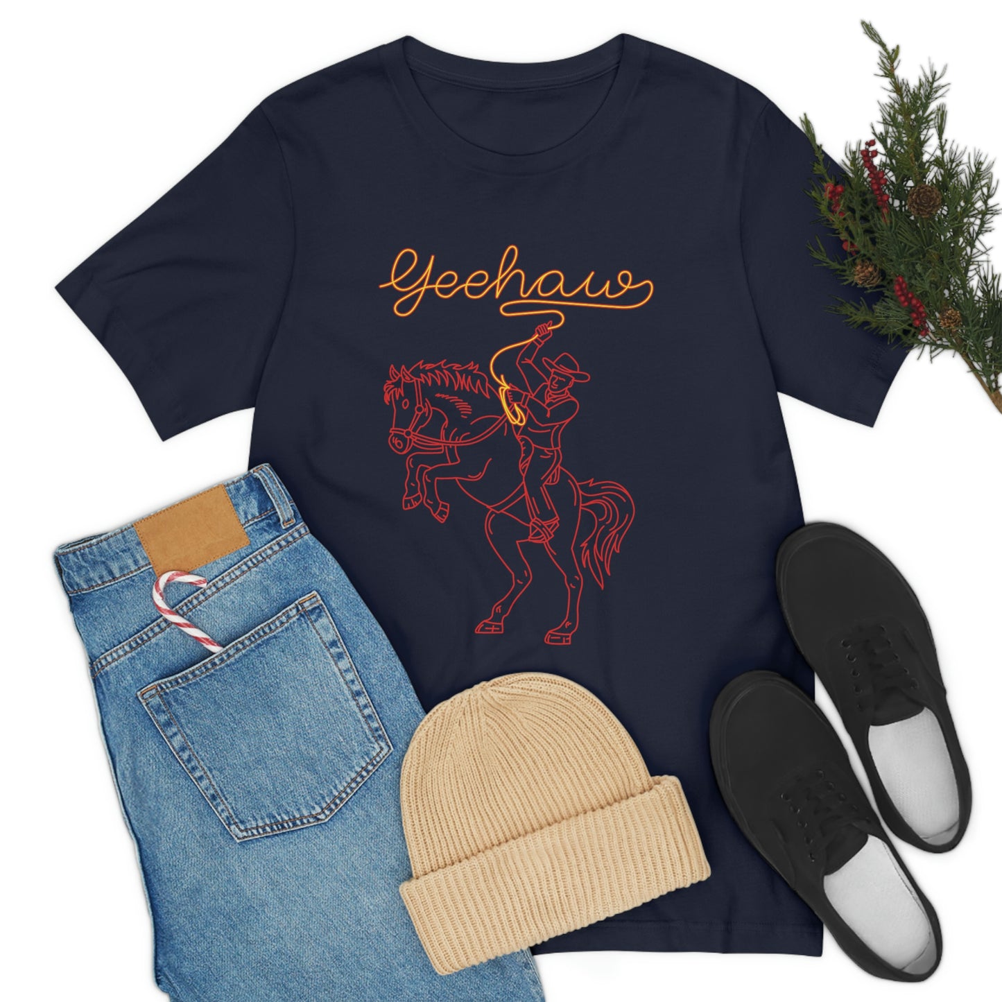 Navy T-Shirt featuring a neon design of a cowboy with a lasso saying 'yeehaw' in yellow and red, from the TEQNEON Word Craft collection