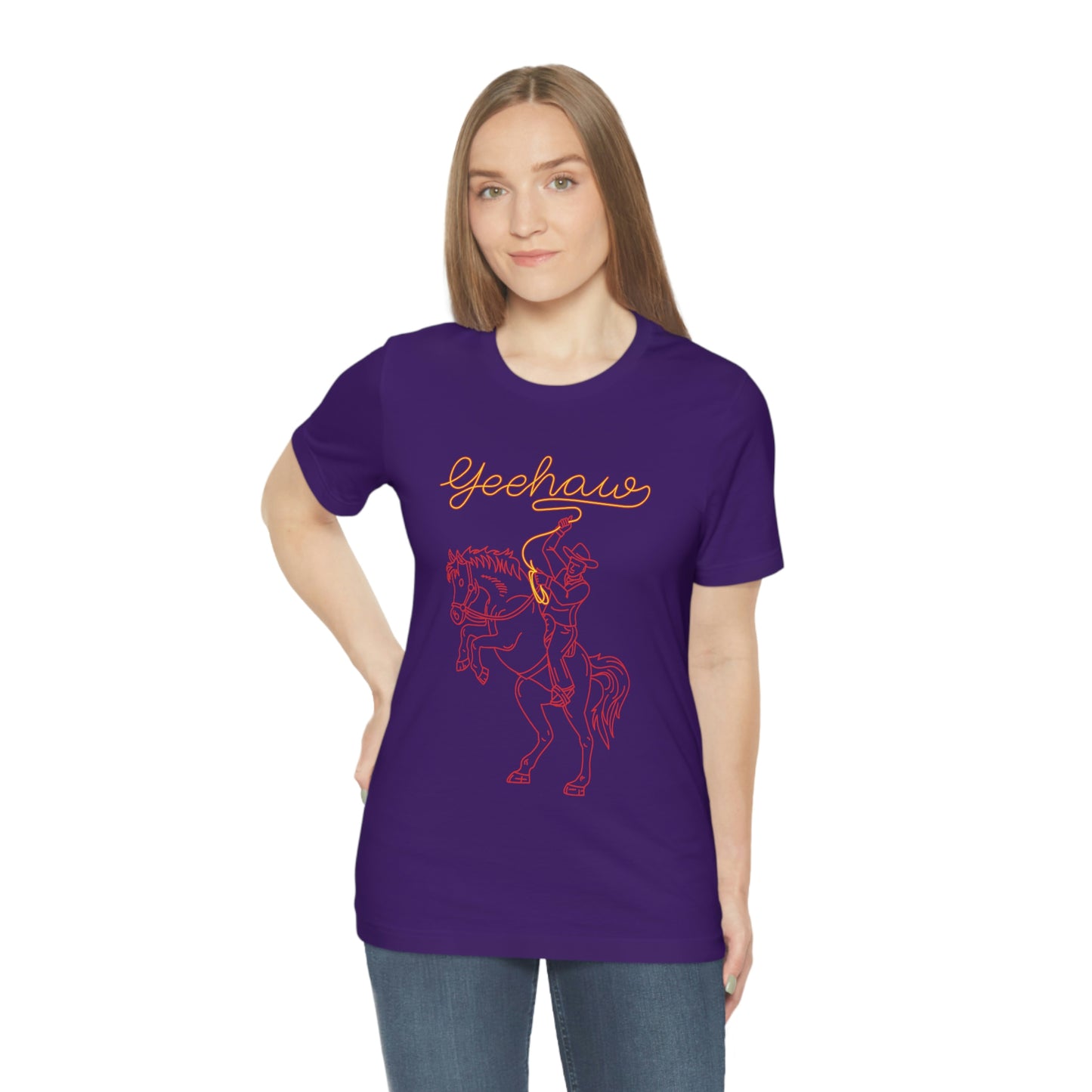 Purple T-Shirt featuring a neon design of a cowboy with a lasso saying 'yeehaw' in yellow and red, from the TEQNEON Word Craft collection