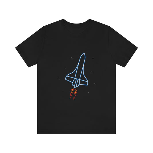 Black T-Shirt with neon flying space shuttle design. Taken from the TEQNEON Spacecraft collection.