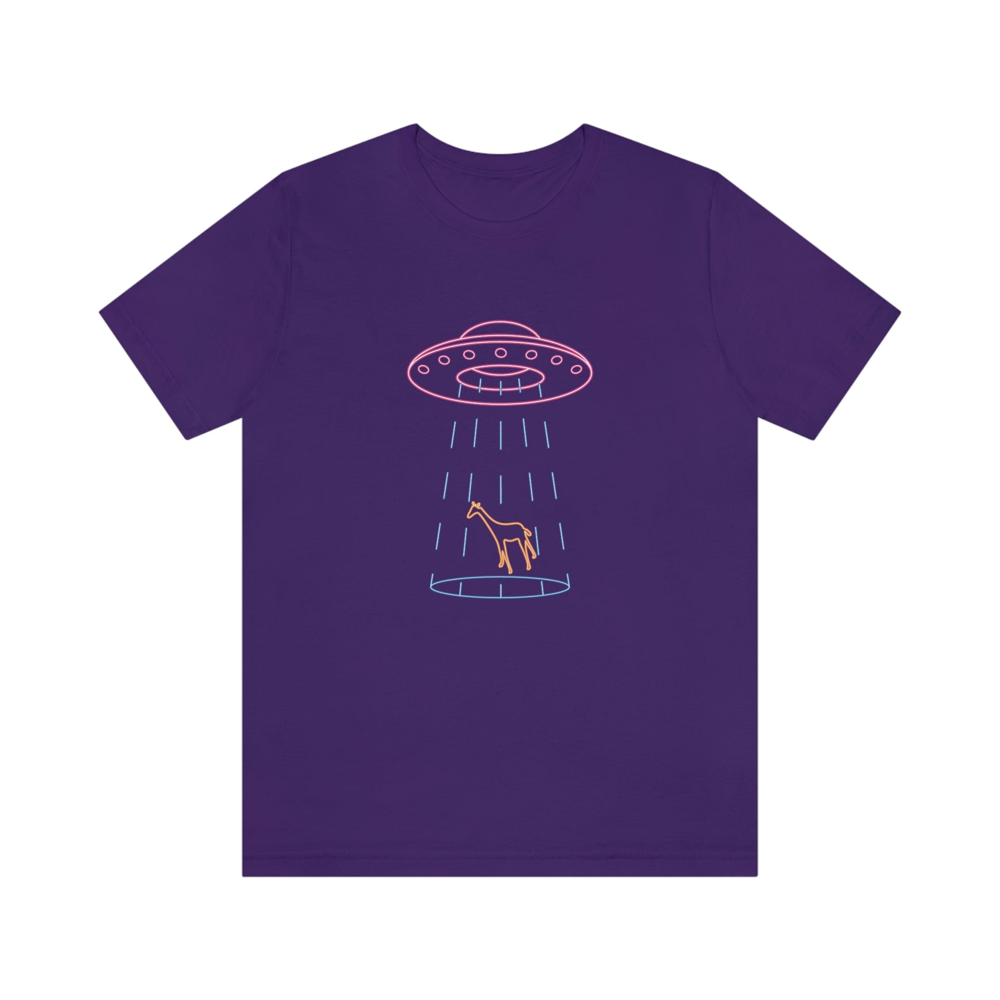 Purple T-Shirt with fun multi-coloured neon design of a ufo beaming up a giraffe. Taken from the TEQNEON Ha Ha Land collection