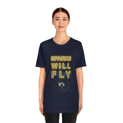 Navy T-Shirt with electric neon sign displaying “Sparks Will Fly" text plugged into a sparkling socket. Taken from the TEQNEON Word Craft collection.