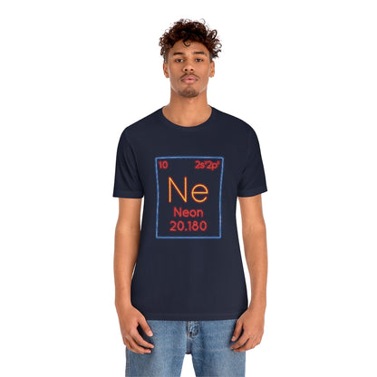 Navy T-Shirt with a vibrant multi-coloured 'neon chemical symbol' design, reminiscent of a neon element tile from the TEQNEON Word Craft collection