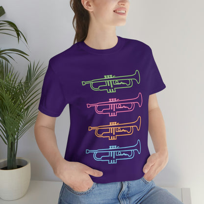 Purple T-Shirt with vibrant mutli-coloured stacked trumpets neon design. Taken from the TEQNEON Music Box collection