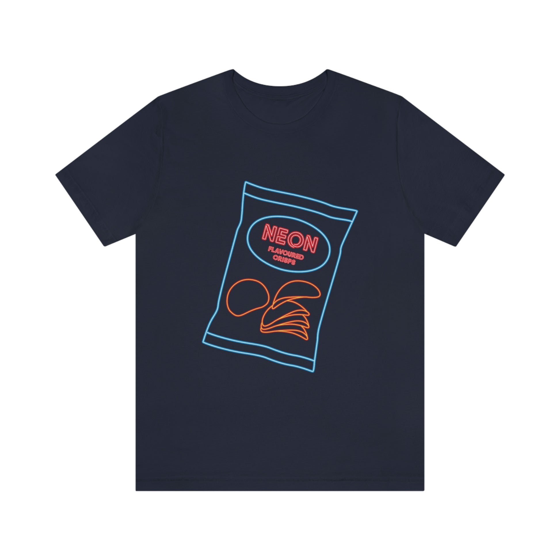 Navy T-Shirt with multi-coloured 'neon crisp packet' design. Taken from the TEQNEON Ha ha Land and Word Craft collections.