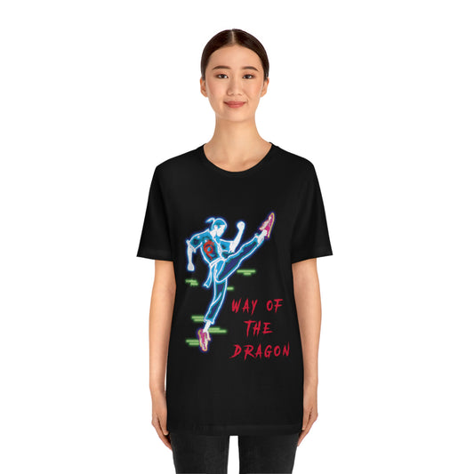 Black T-Shirt featuring a neon-esque martial arts fighter with red text stating 'Way of the Dragon' from the TEQNEON Neolific collection, named CYBERFU