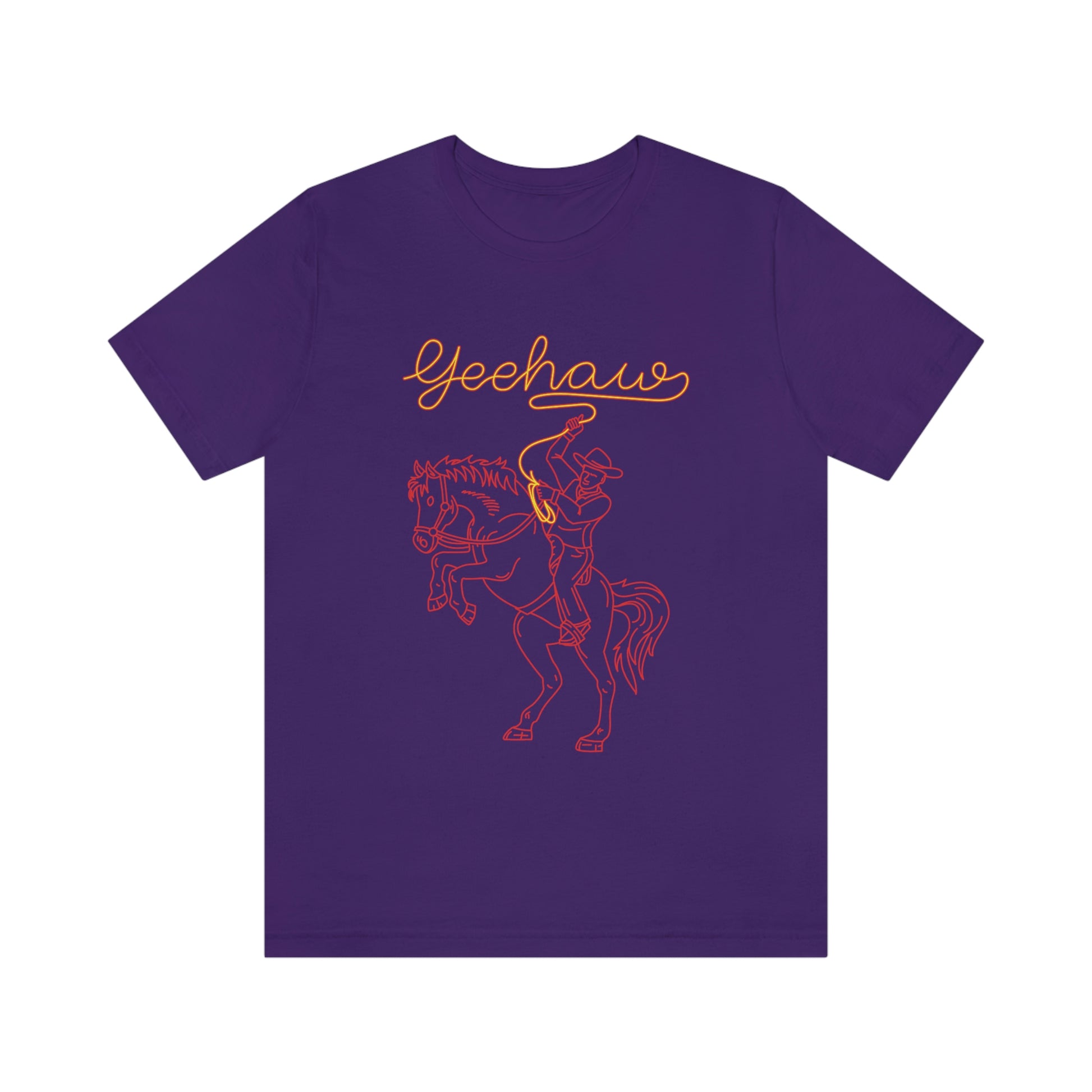 Purple T-Shirt featuring a neon design of a cowboy with a lasso saying 'yeehaw' in yellow and red, from the TEQNEON Word Craft collection