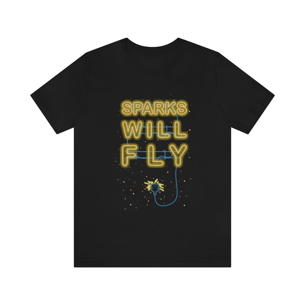 Black T-Shirt with electric neon sign displaying “Sparks Will Fly" text plugged into a sparkling socket. Taken from the TEQNEON Word Craft collection.
