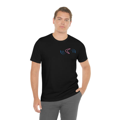 FLYING BOOMERANG  - Black T-Shirt with vibrant, dynamic flying boomerang design. Taken from the TEQNEON Radioactive collection.