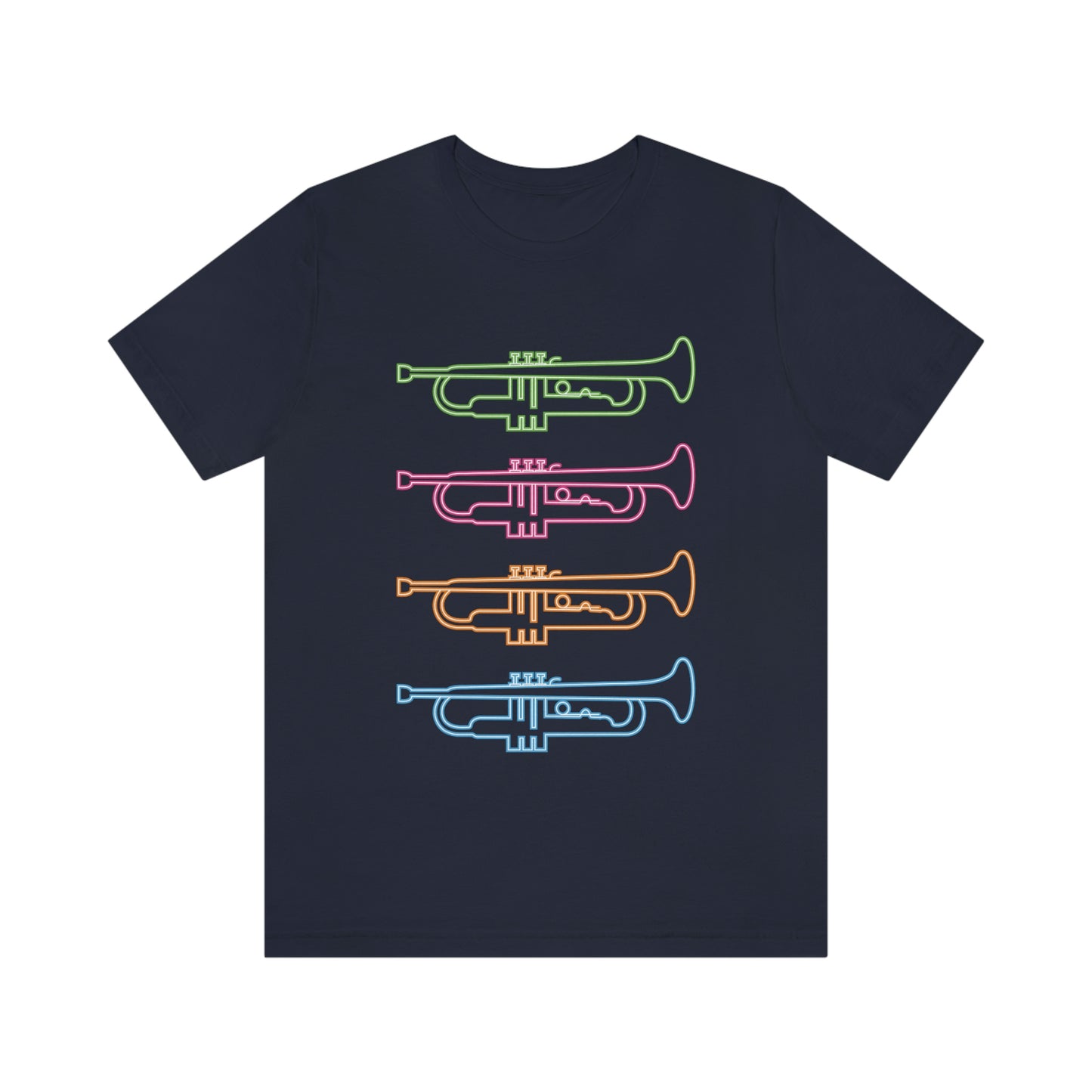 Navy T-Shirt with vibrant mutli-coloured stacked trumpets neon design. Taken from the TEQNEON Music Box collection