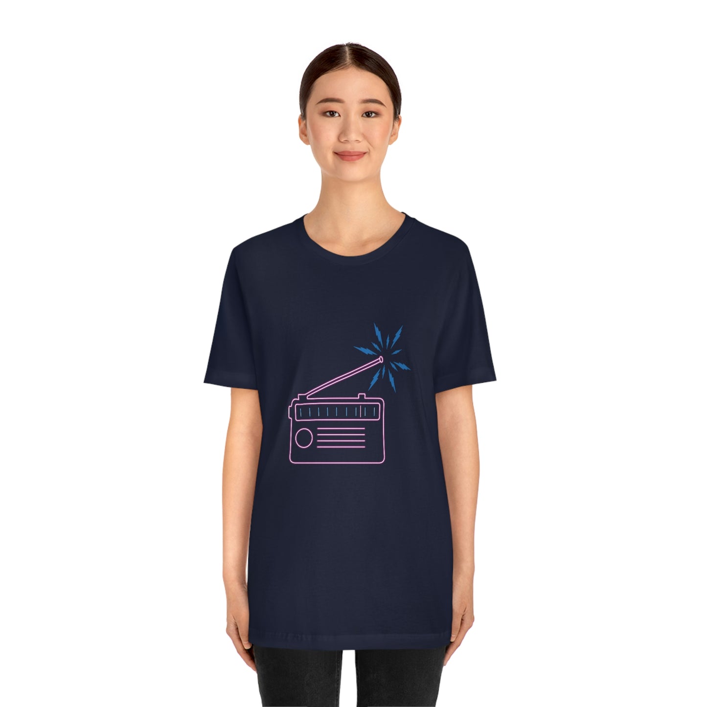 Navy T-Shirt featuring a multi-coloured neon radio design, radiating a vibrant energy. Taken from the TEQNEON Radioactive and Retro Classics collections