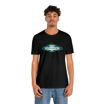 Black T-Shirt with glowing green ufo design. Taken from the TEQNEON Spacecraft collection
