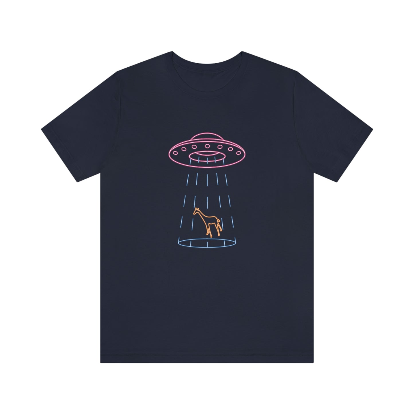 Navy T-Shirt with fun multi-coloured neon design of a ufo beaming up a giraffe. Taken from the TEQNEON Ha Ha Land collection