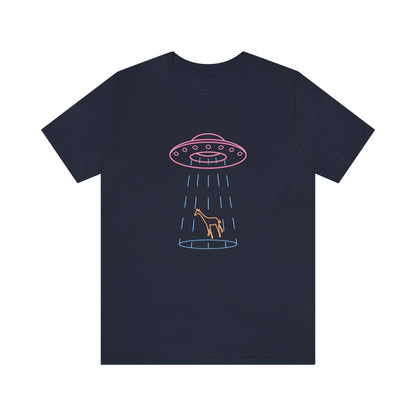 Navy T-Shirt with fun multi-coloured neon design of a ufo beaming up a giraffe. Taken from the TEQNEON Ha Ha Land collection