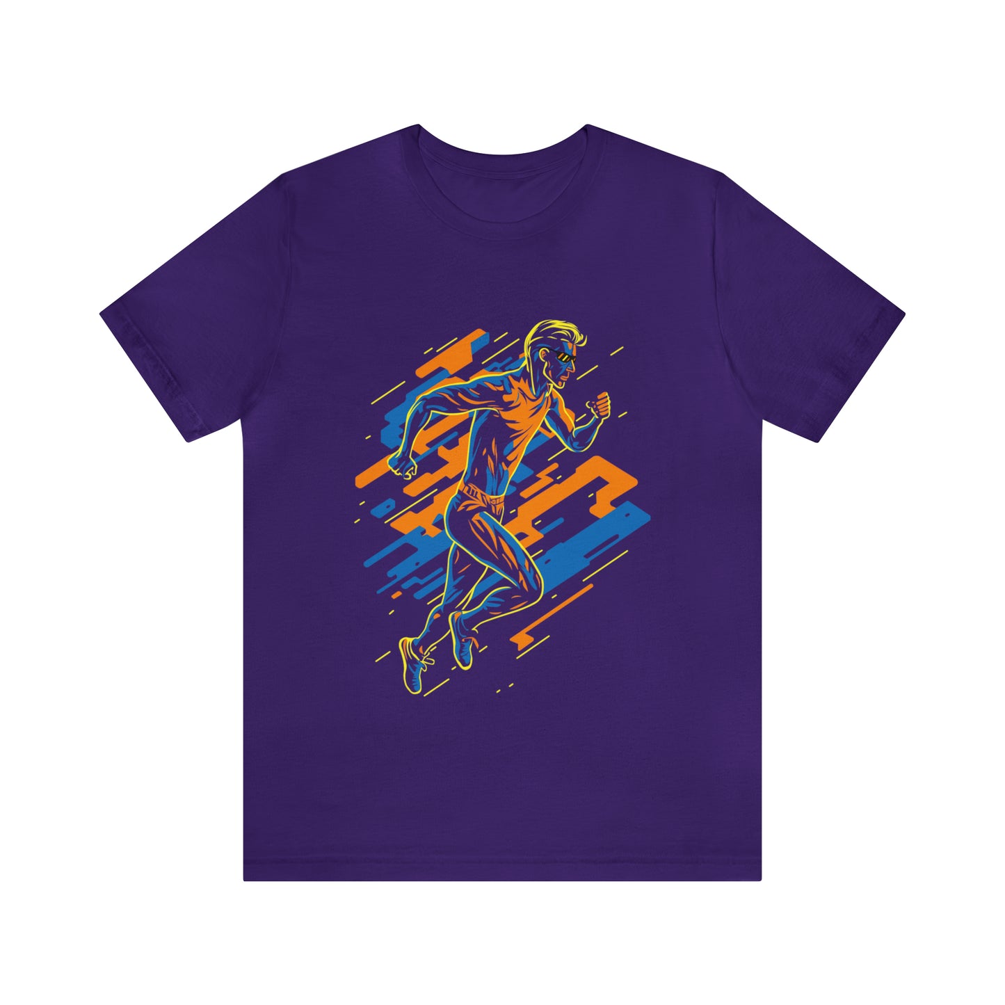Purple T-Shirt featuring a vibrant and dynamic runner design, capturing the energy of a 'Running Man'. Taken from the TEQNEON Radioactive collection