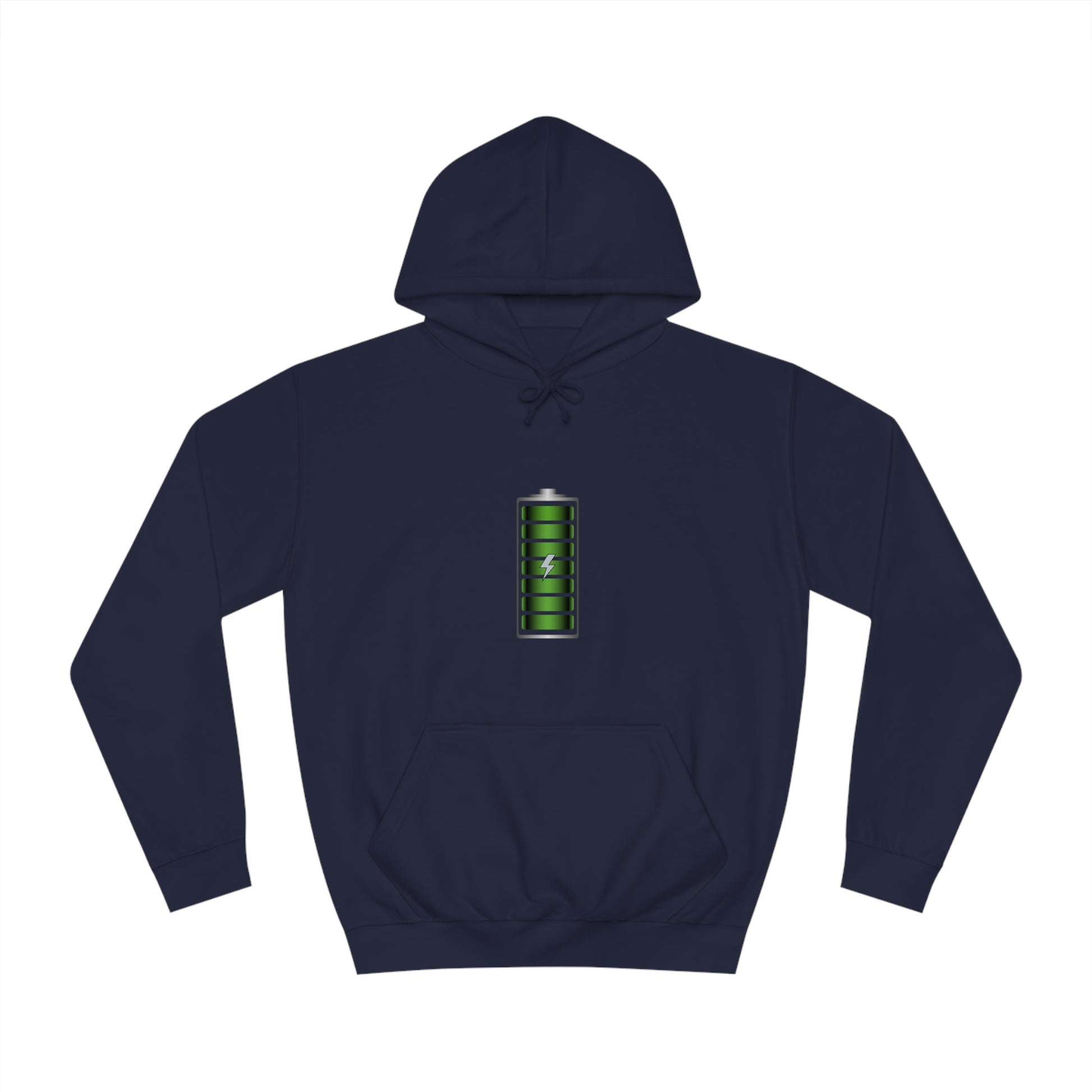 Navy Hoodie featuring a green and chrome 'battery' design from the TEQNEON Radioactive collection, named FULLY CHARGED
