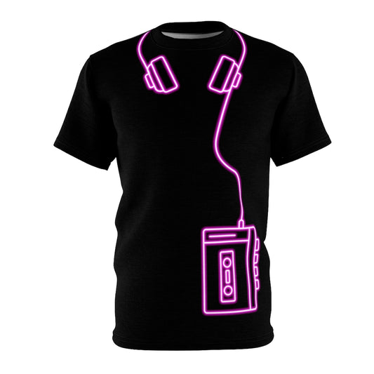 Black All-Over-Print T-Shirt featuring a glowing hot pink  'Walkman and headphones' design from the TEQNEON Retro Classics collection
