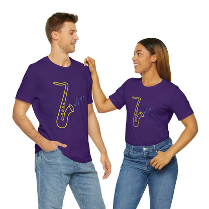 Purple T-Shirt with a vibrant neon design of a yellow saxophone and blue musical notes, from the TEQNEON Music Box collection