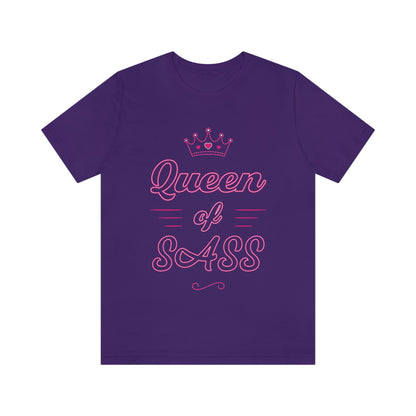 Purple T-Shirt with hot pink neon text saying 'Queen of Sass'. From the TEQNEON Word Craft collection