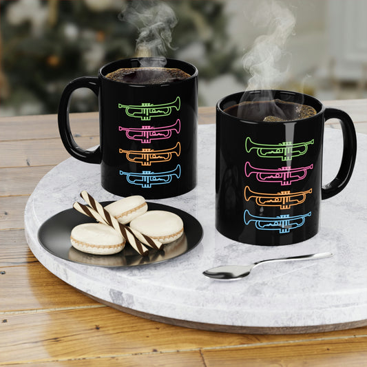 Black Mugs with vibrant mutli-coloured stacked trumpets neon design. Taken from the TEQNEON Music Box and Accessories collections.