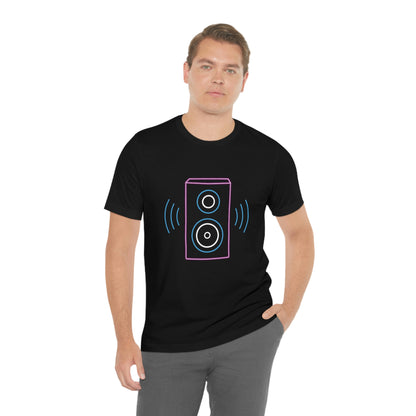Black T-Shirt with vibrating neon sound speaker design. Taken from the TEQNEON Music Box collection.