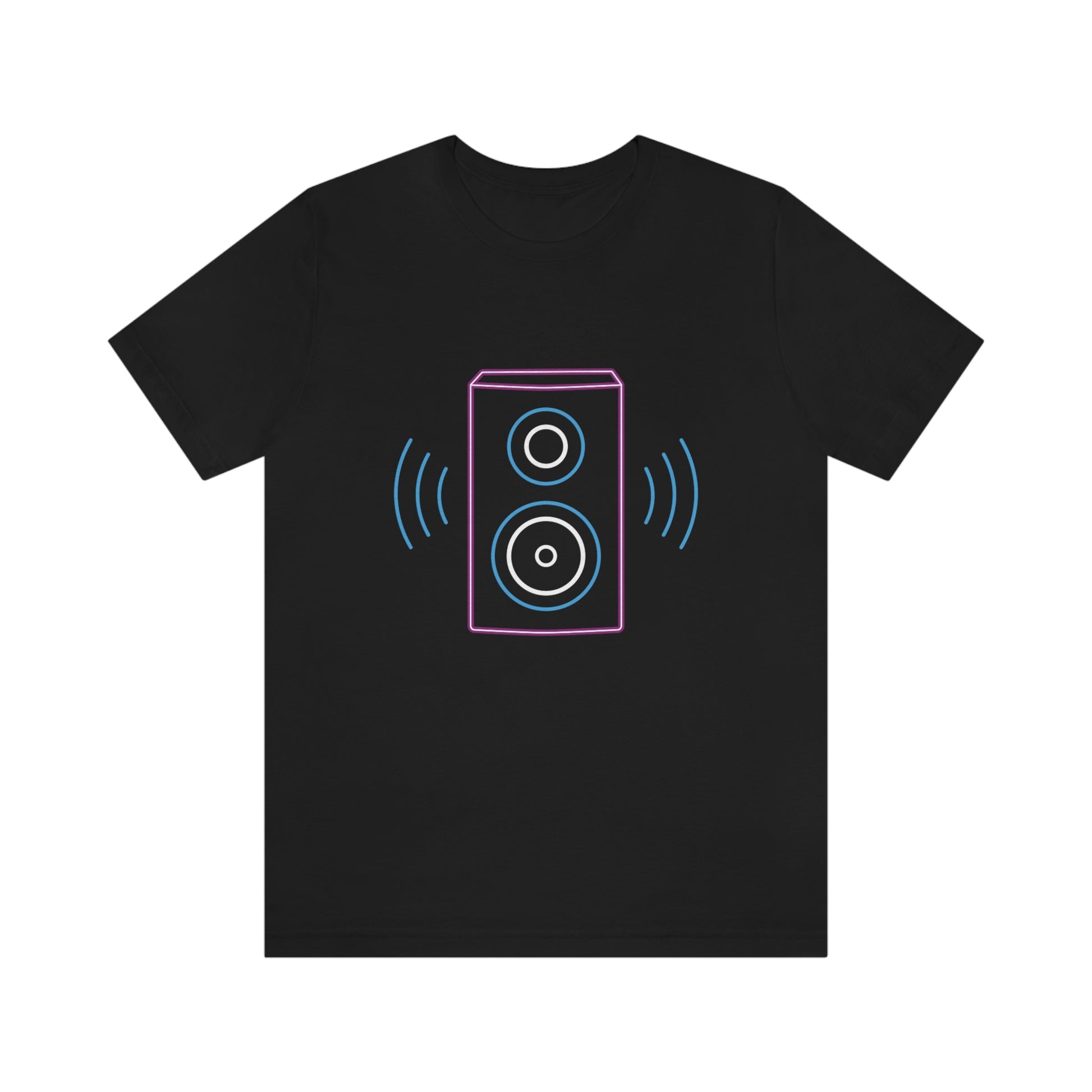 Black T-Shirt with vibrating neon sound speaker design. Taken from the TEQNEON Music Box collection.