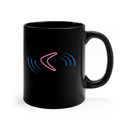 Black mug with vibrant, dynamic flying boomerang design from the TEQNEON Radioactive collection