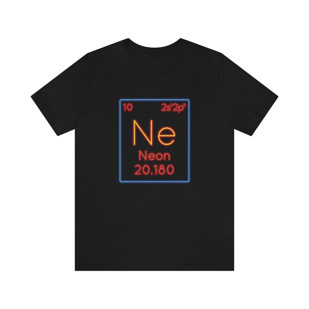 Black T-Shirt with a vibrant multi-coloured 'neon chemical symbol' design, reminiscent of a neon element tile from the TEQNEON Word Craft collection