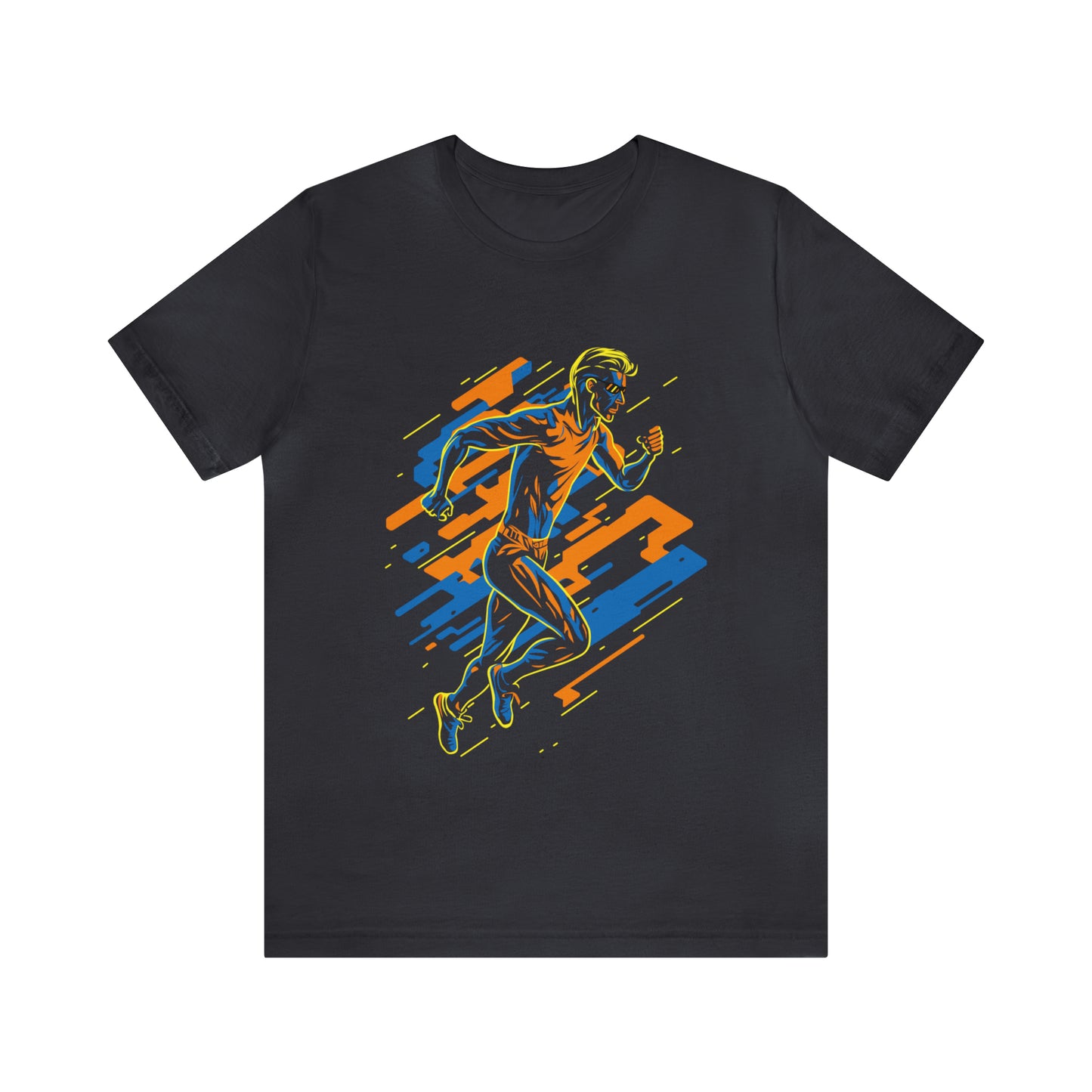 Dark Grey T-Shirt featuring a vibrant and dynamic runner design, capturing the energy of a 'Running Man'. Taken from the TEQNEON Radioactive collection