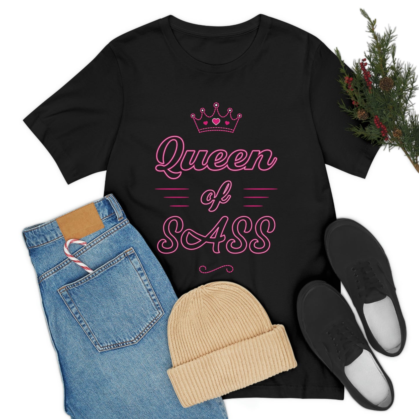 Black T-Shirt with hot pink neon text saying 'Queen of Sass'. From the TEQNEON Word Craft collection
