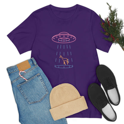 UFO & GIRAFFE - Purple T-Shirt with fun multi-coloured neon design of a “ufo beaming up a giraffe”. Taken from the TEQNEON Ha Ha Land collection.