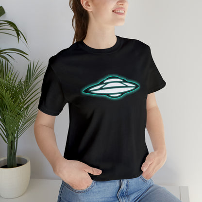 Black T-Shirt with glowing green ufo design. Taken from the TEQNEON Spacecraft collection