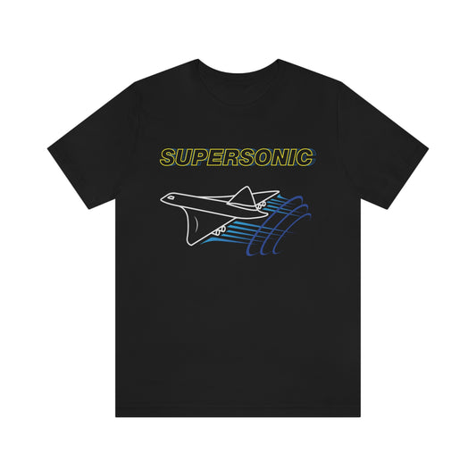 Black T-Shirt with sonic aeroplane in full flight and bold text above stating "Supersonic". Taken from the TEQNEON Spacecraft and Word Craft collections.