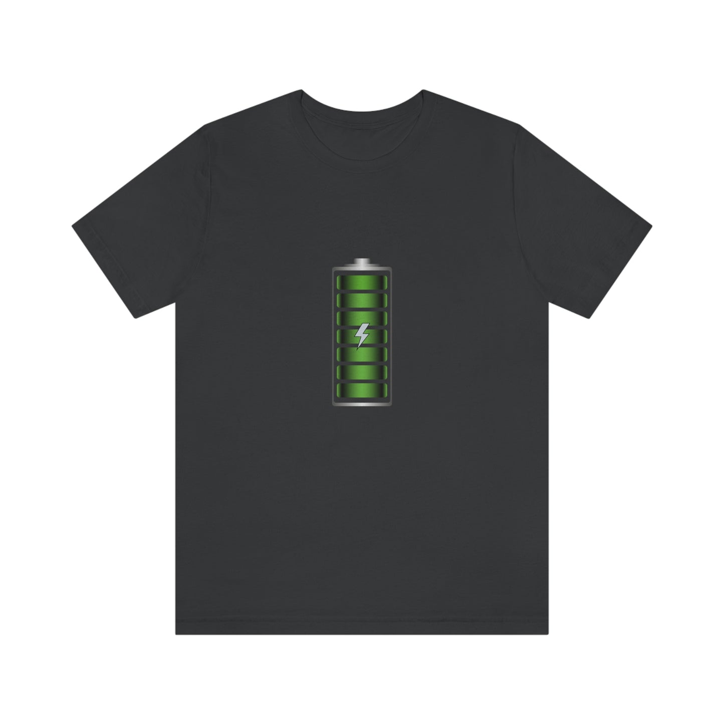Dark Grey T-Shirt featuring a green and chrome 'battery' design from the TEQNEON Radioactive collection, named FULLY CHARGED