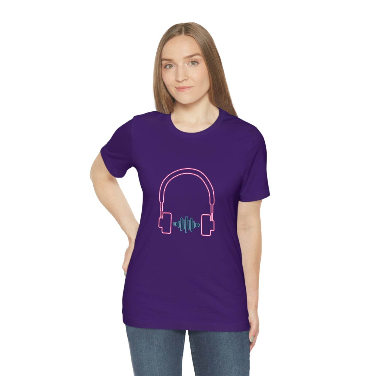 Purple T-Shirt featuring a vibrant neon design of hot pink and green audio headphones from the TEQNEON Music Box collection