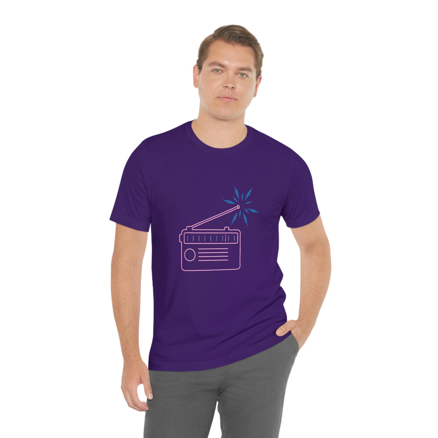 Purple T-Shirt featuring a multi-coloured neon radio design, radiating a vibrant energy. Taken from the TEQNEON Radioactive and Retro Classics collections