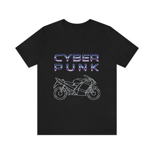 Black T-Shirt featuring a chrome motorbike design and bold 'CYBER PUNK' title text above, from the TEQNEON Neolific collection