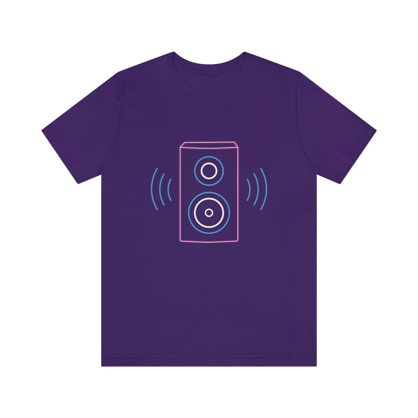 Purple T-Shirt with vibrating neon sound speaker design. Taken from the TEQNEON Music Box collection.