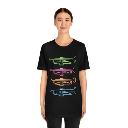 Black T-Shirt with vibrant mutli-coloured stacked trumpets neon design. Taken from the TEQNEON Music Box collection