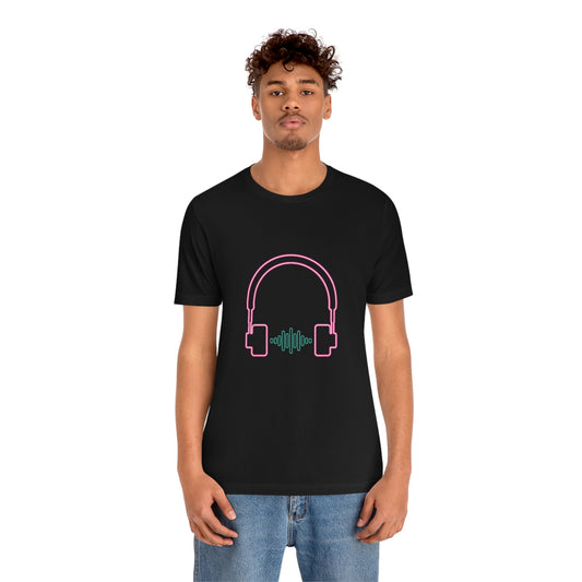 Black T-Shirt featuring a vibrant neon design of hot pink and green audio headphones from the TEQNEON Music Box collection