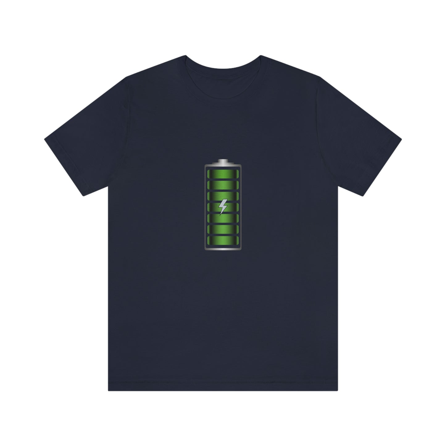 Navy T-Shirt featuring a green and chrome 'battery' design from the TEQNEON Radioactive collection, named FULLY CHARGED