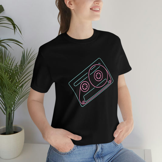  Black T-Shirt with multi-coloured neon cassette tape design from the TEQNEON Retro Classics collection