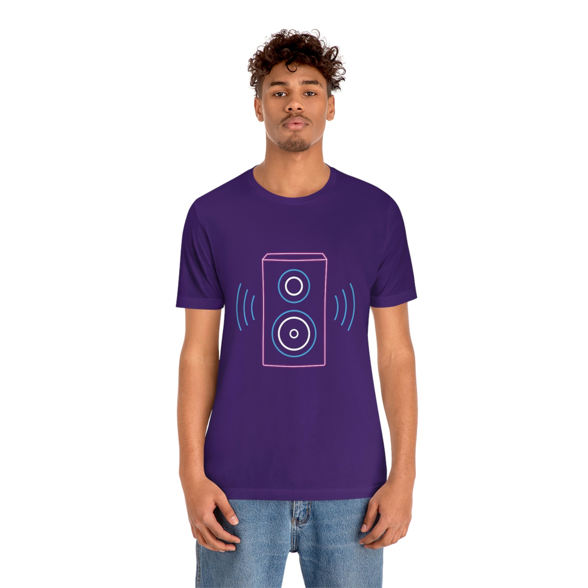 Purple T-Shirt with vibrating neon sound speaker design. Taken from the TEQNEON Music Box collection.