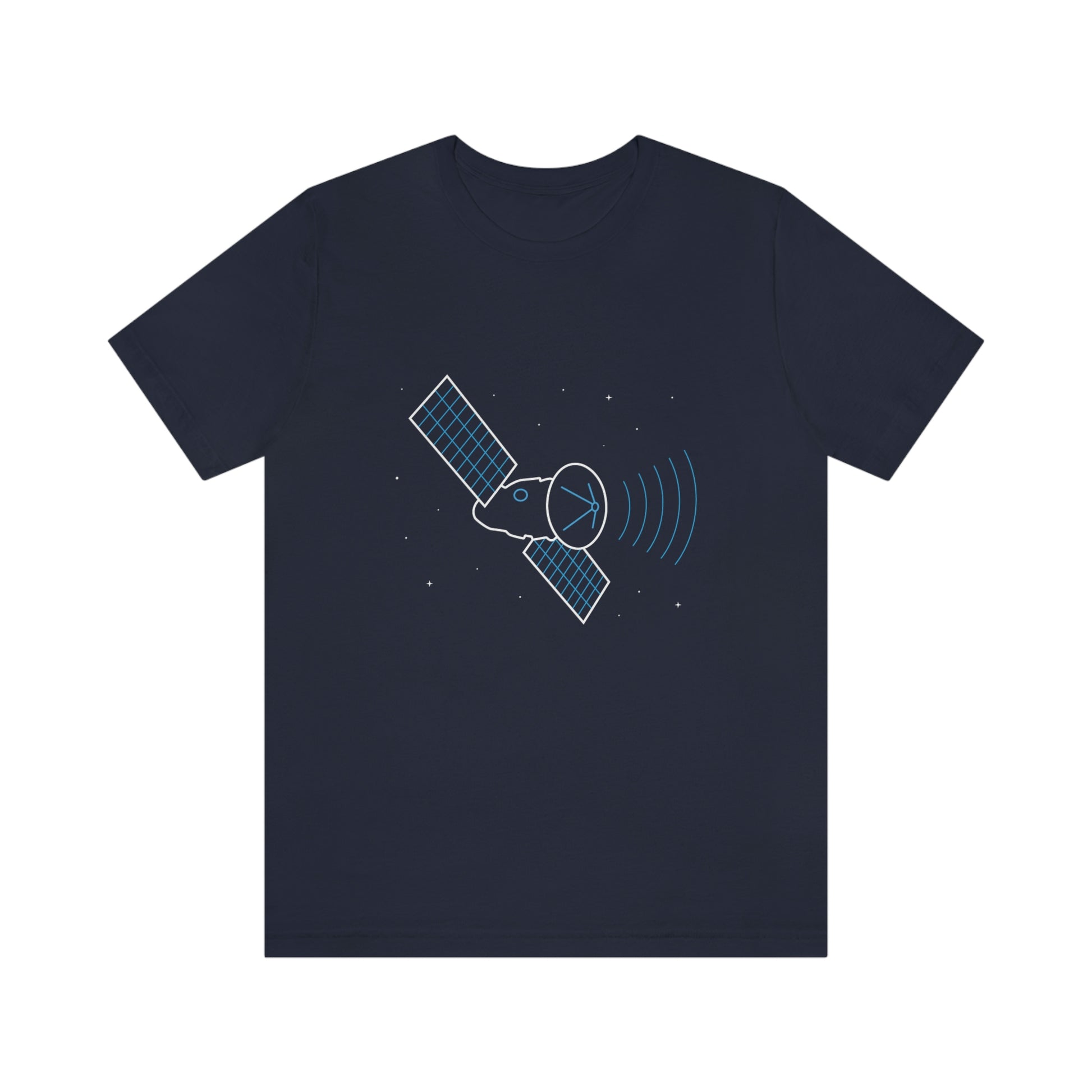 Navy T-Shirt featuring a neon transmission satellite space design, from the TEQNEON Spacecraft collection