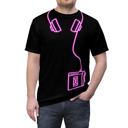 Black All-Over-Print T-Shirt featuring a glowing hot pink  'Walkman and headphones' design from the TEQNEON Retro Classics collection