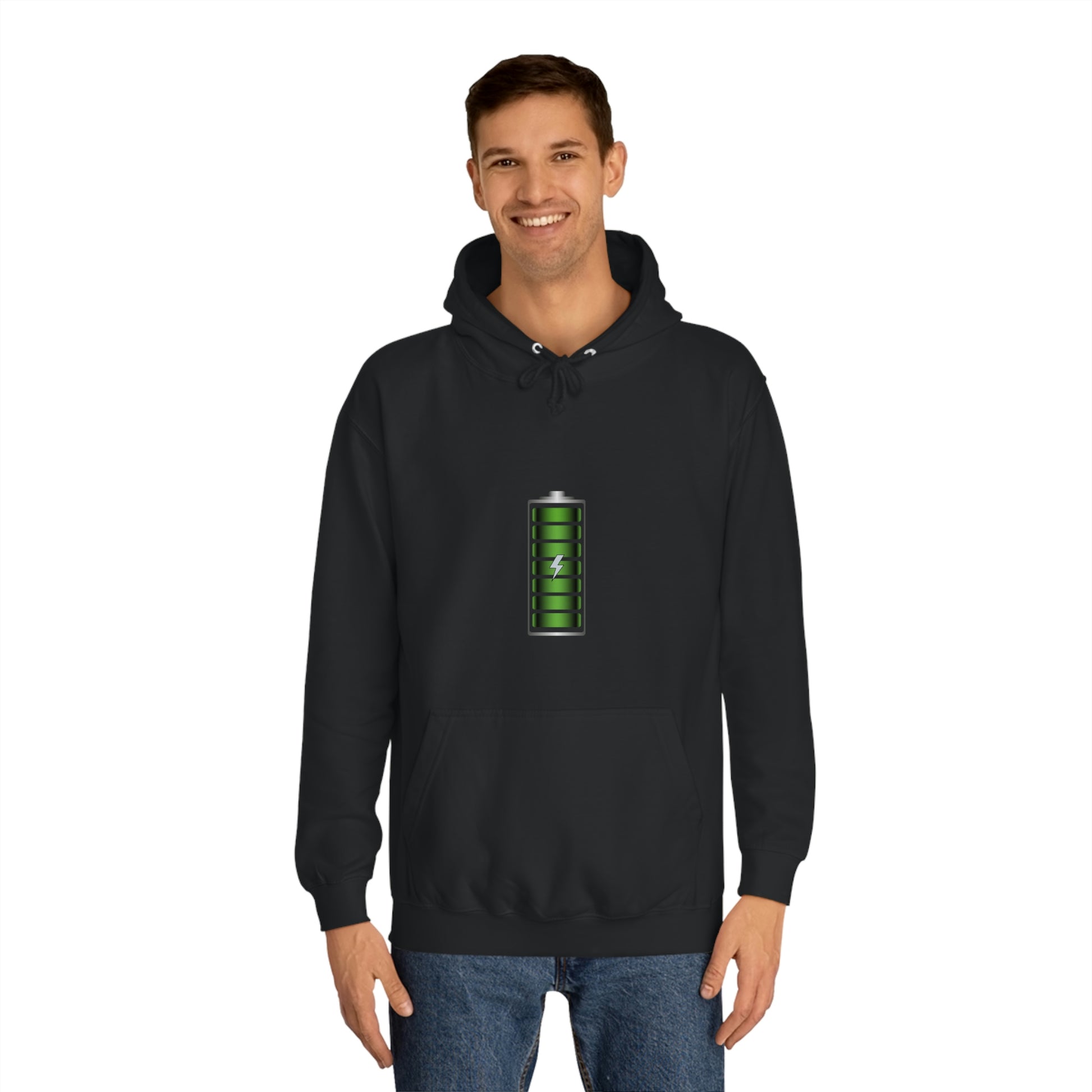 Black Hoodie featuring a green and chrome 'battery' design from the TEQNEON Radioactive collection, named FULLY CHARGED