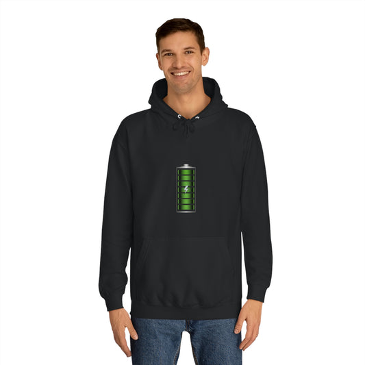 Black Hoodie featuring a green and chrome 'battery' design from the TEQNEON Radioactive collection, named FULLY CHARGED