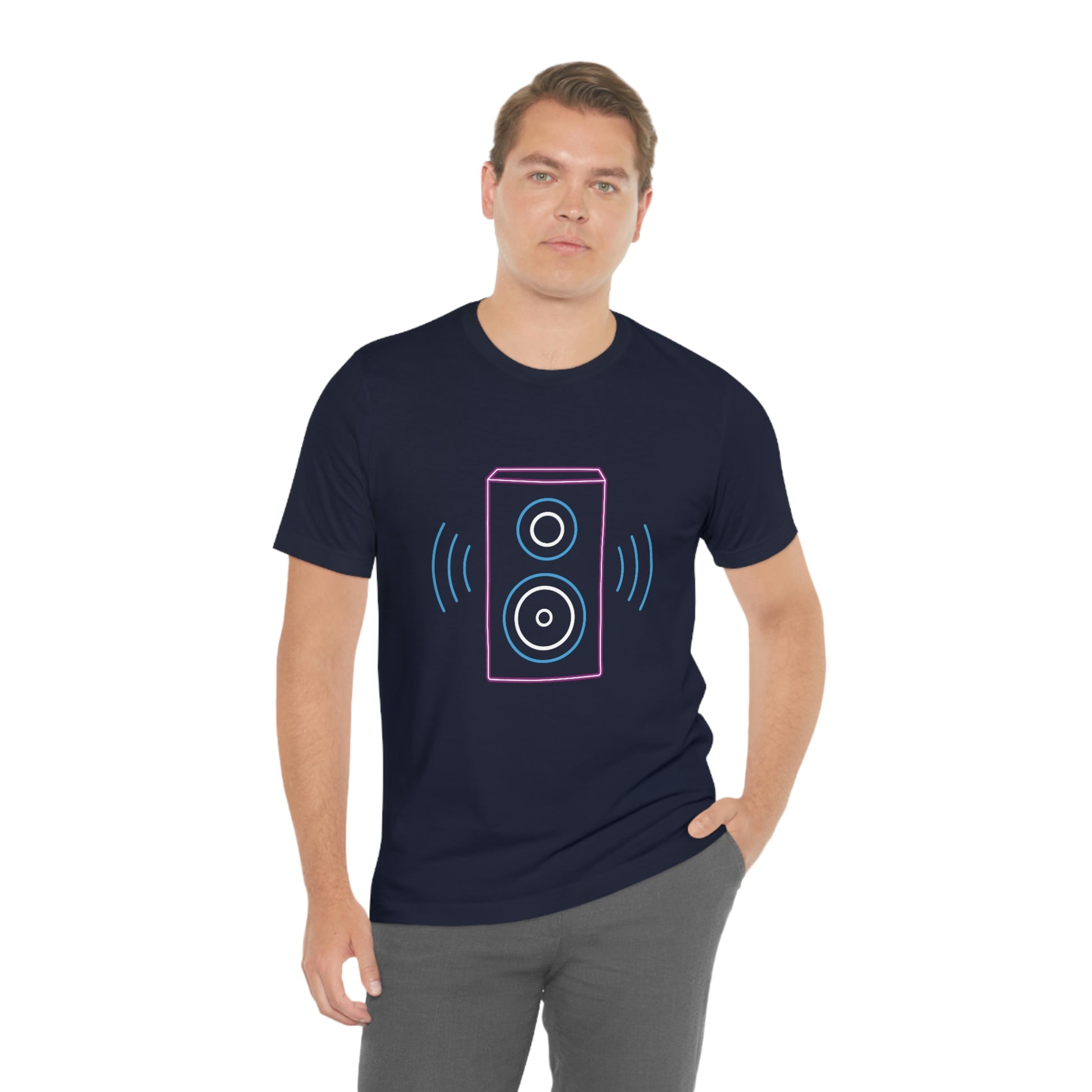 Navy T-Shirt with vibrating neon sound speaker design. Taken from the TEQNEON Music Box collection.
